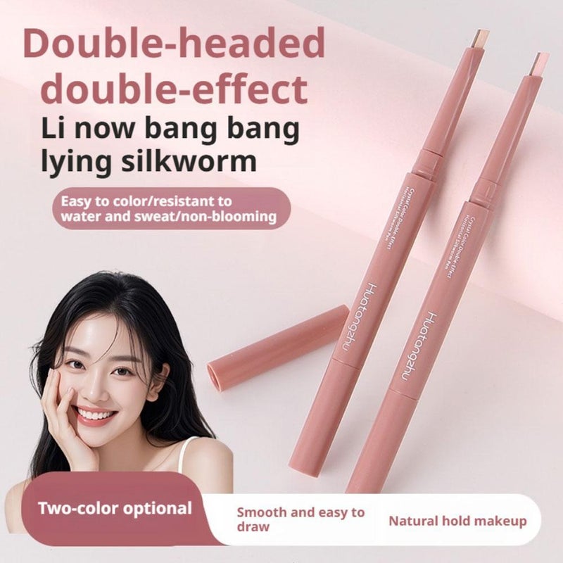 Two-color Eyebrow Silkworm Pen, Under Eye Brightener Stick, 3-in-1 Dual Tip Highlighter for Lifting & Highlighting (Nude Beige) - Image 2